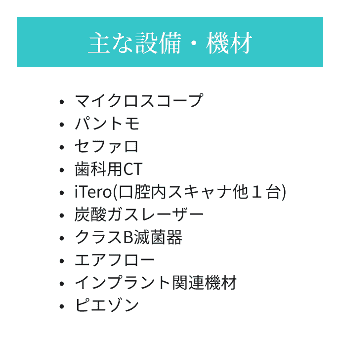 主な設備・機材：マイクロスコープ、パントモ、セファロ、歯科用CT、iTero(口腔内スキャナ他1台)、炭酸ガスレーザー 、クラスB滅菌器、エアフロー、インプラント関連機材、ピエゾン